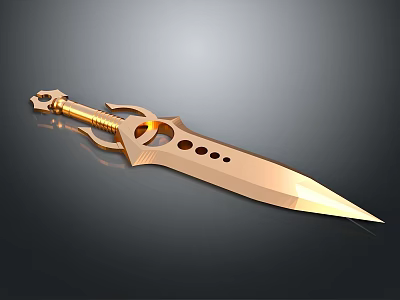 Golden Decorative Dagger Featuring Ornate Hilt And Shiny Holed Metallic Blade 3d model