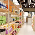 Well Organized Supermarket Interior With Shelves Of Various Grocery Products And Bright Lighting