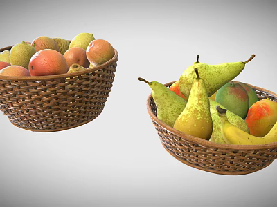 Wicker Baskets Filled With Fresh Fruits Apples Peaches Pears Mangoes And Bananas Home Kitchen Essentials 3d model