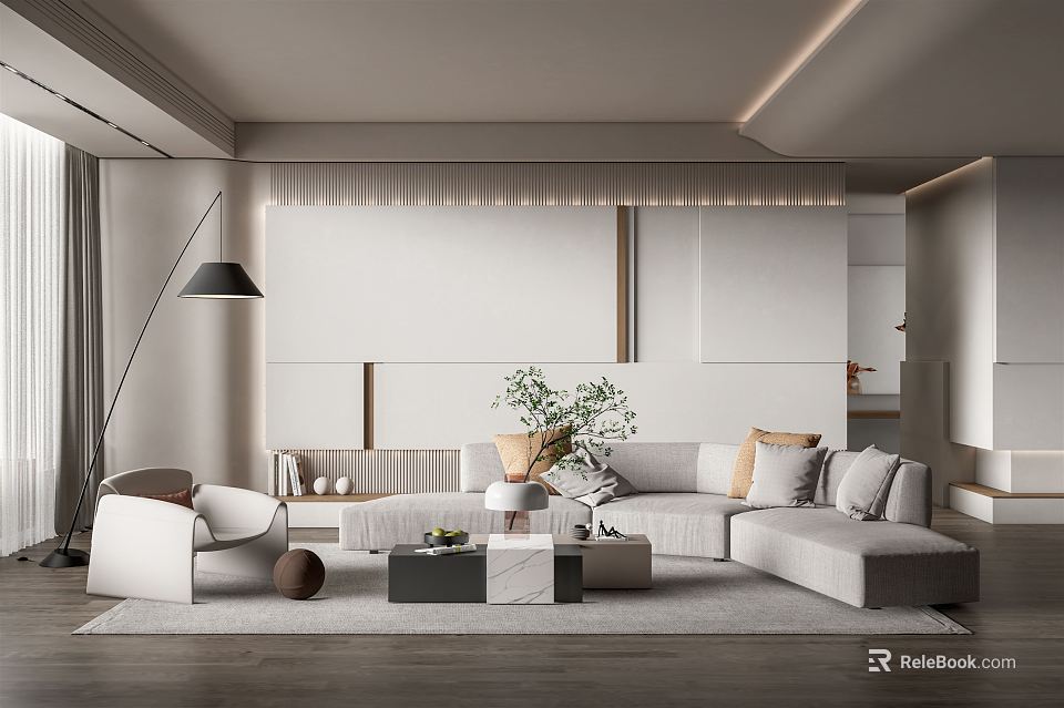 Modern Living Room Interior With Sofa Pillows Marble Coffee Table Floor Lamp And Potted Plant 3d model 