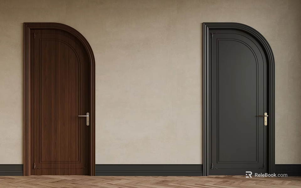 Brown And Black Arched Hinged Doors With Brass Handles On Light Wall Wooden Floor 3d model 