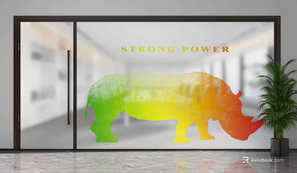 Modern Interior Glass Partition With Rainbow Colored Rhinoceros Pattern And Strong Power Text 3d model 