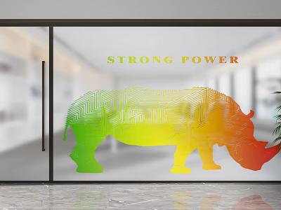 Modern Interior Glass Partition With Rainbow Colored Rhinoceros Pattern And Strong Power Text 3d model
