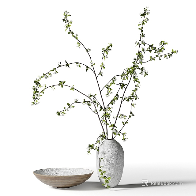 Elegant White Ceramic Vase With Fresh Green Leafy Branches For Home Decor 3d model 