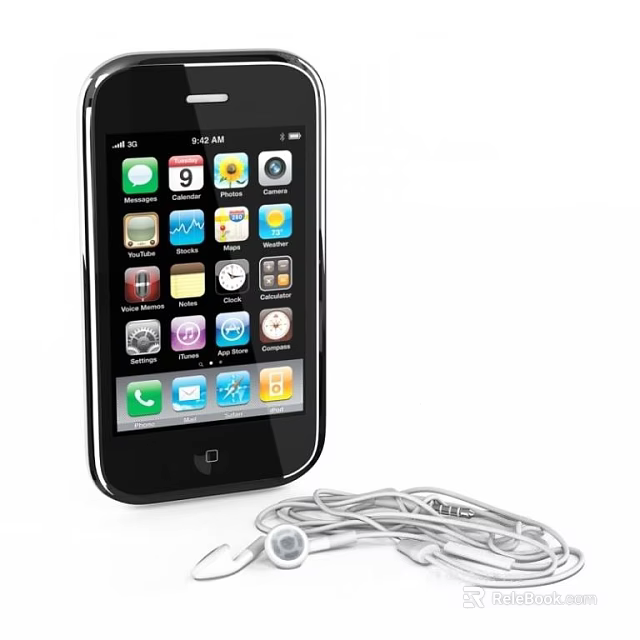 Black Mobile Phone With Various Apps On Screen And White Earphones 3d model 