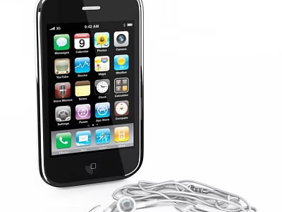 Black Mobile Phone With Various Apps On Screen And White Earphones 3d model
