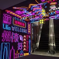 Elevator Aisle with Colorful Neon Lights Vibrant Decorations and Modern Art Elements 3d model