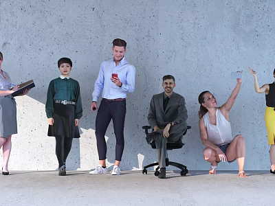 Group of People in Various Poses Standing Sitting and Interacting Against Concrete Wall 3d model