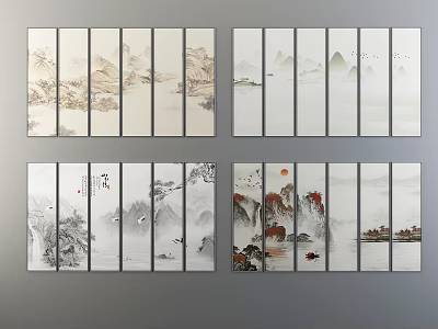 Traditional Chinese Ink Wash Landscape Paintings With Mountains Rivers Birds Boats Sun And Screen Panels 3d model