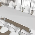 White Long Dining Table Set With Chairs And Wooden Floor In Natural Light