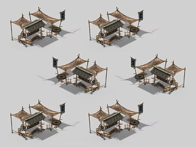 Multiple Ancient Style Market Tents Featuring Flags And Wooden Tables Chairs 3d model