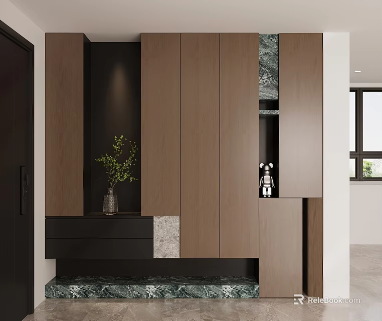 Modern Wooden Shoe Cabinet With Marble Accent Plant And Storage Design 3d model 
