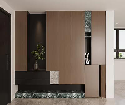 Modern Wooden Shoe Cabinet With Marble Accent Plant And Storage Design 3d model