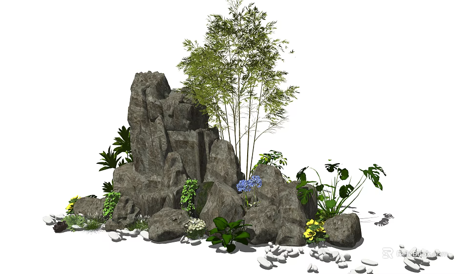 Natural Garden Ornament with Rock Formation Bamboo Green Foliage Pebbles and Colorful Flowers 3d model 