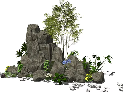 Natural Garden Ornament with Rock Formation Bamboo Green Foliage Pebbles and Colorful Flowers 3d model