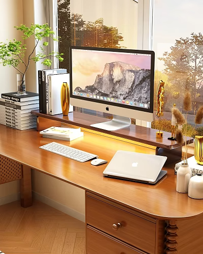 Decorative Ornament Set On Wooden Desk With iMac Stacked Books Golden Vase And Dried Flowers 3d model