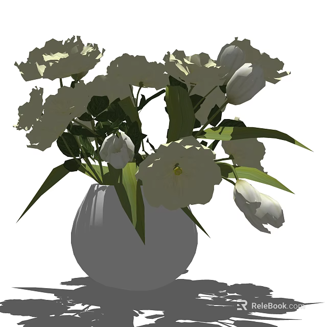 Beautiful Fresh White Flowers in White Ceramic Vase with Green Leaves 3d model 