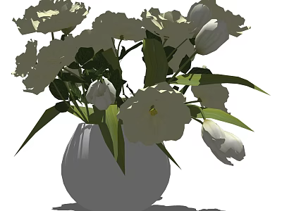Beautiful Fresh White Flowers in White Ceramic Vase with Green Leaves 3d model