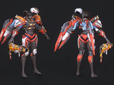 Mechanical Sci-Fi Character Design With Red White Black Armor Wings And Weapon 3d model