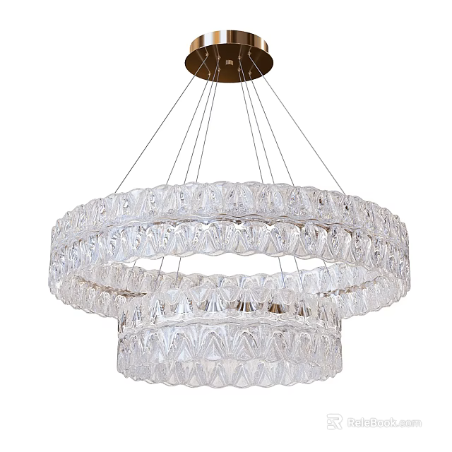 Transparent Crystal Two Layer Round Chandelier With Hanging Strings And Decorative Design 3d model 