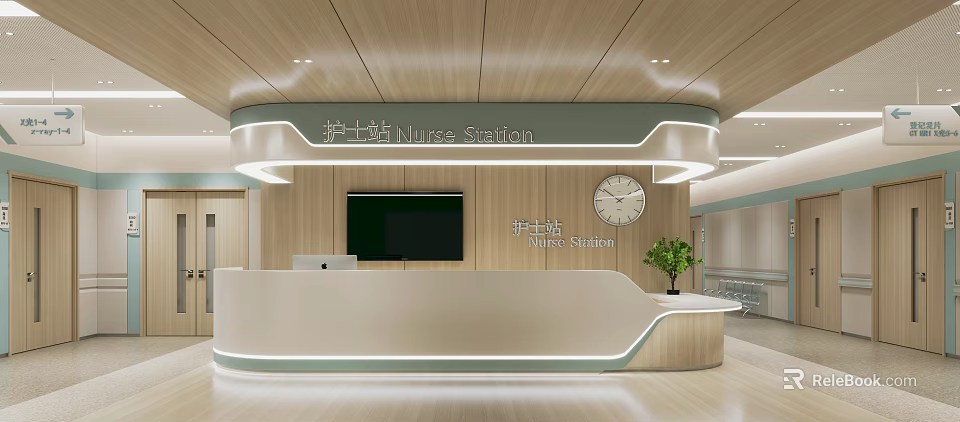 Hospital Outpatient Nurse Station Interior Featuring Reception Desk TV Screen Clock And Potted Plant 3d model 