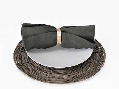 Tableware Set With White Plate Dark Green Bow Napkin Gold Ring And Brown Woven Placemat 3d model