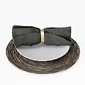 Tableware Set With White Plate Dark Green Bow Napkin Gold Ring And Brown Woven Placemat
