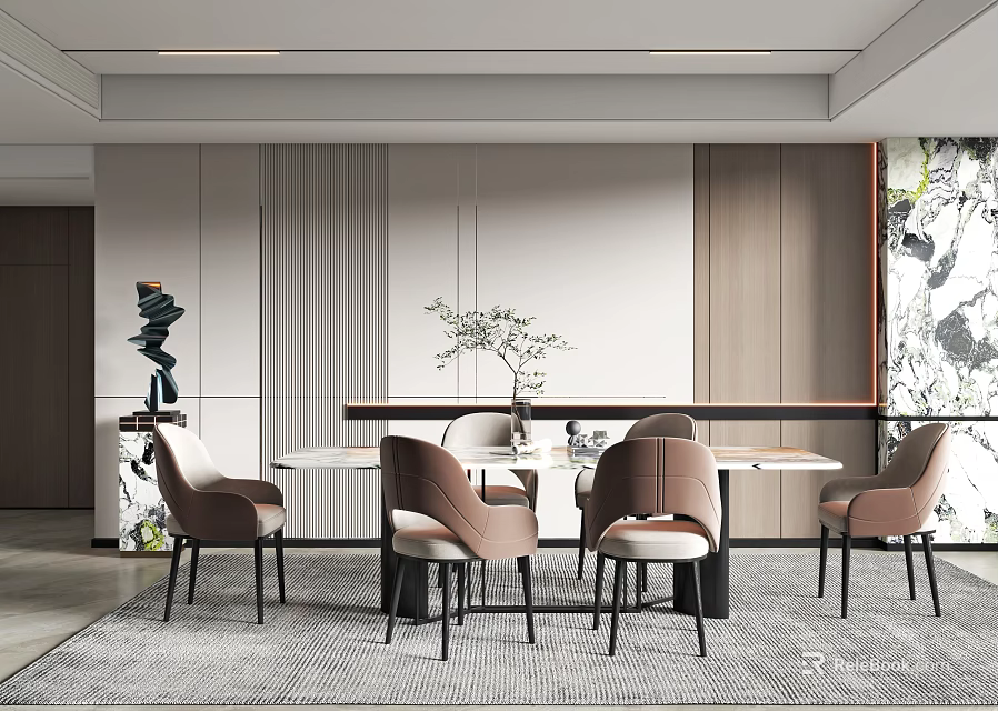 Elegant Modern Restaurant Interior With Dining Table Chairs And Decorative Green Plant 3d model 