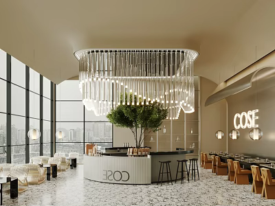 COSE Cafe Modern Interior With Large Windows Hanging Chandelier Counter Indoor Tree And Seating Chairs 3d model