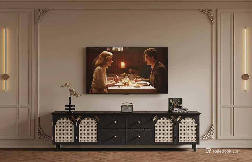 Room With Wall Painting Two People Dining Table Black Cabinet Decorative Items Wooden Floor 3d model 