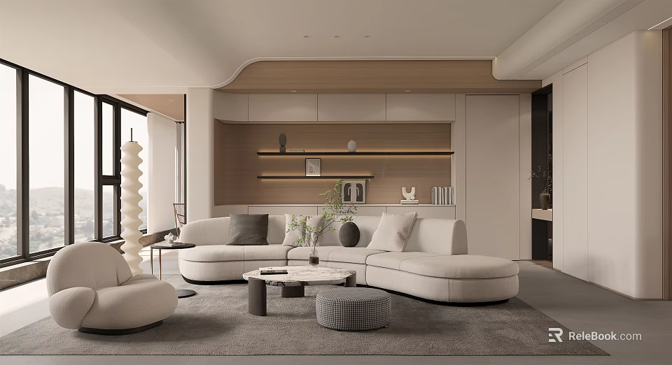 Modern Dining and Living Room Interior With Sectional Sofa Coffee Table and Decorative Shelves 3d model 