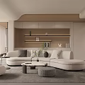 Modern Dining and Living Room Interior With Sectional Sofa Coffee Table and Decorative Shelves