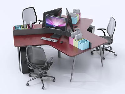 L shaped Office Desk and Chair Set with Red Surface Gray Office Chairs Computer File Holders 3d model