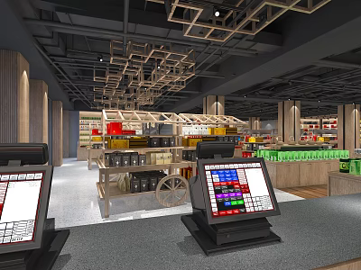 Modern Supermarket Department Store Interior With Cash Registers And Product Shelves 3d model
