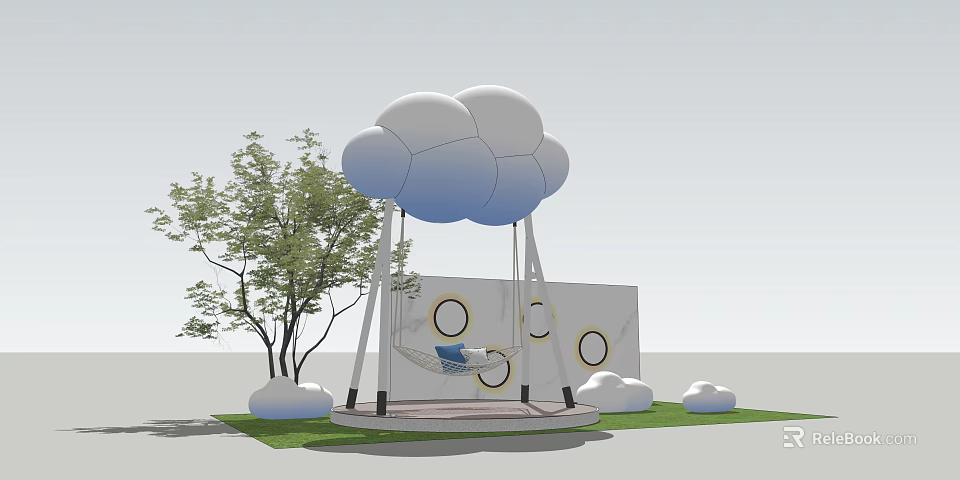 Outdoor Cloud Shaped Playground Swing With Circular Holes And Tree Decorations 3d model