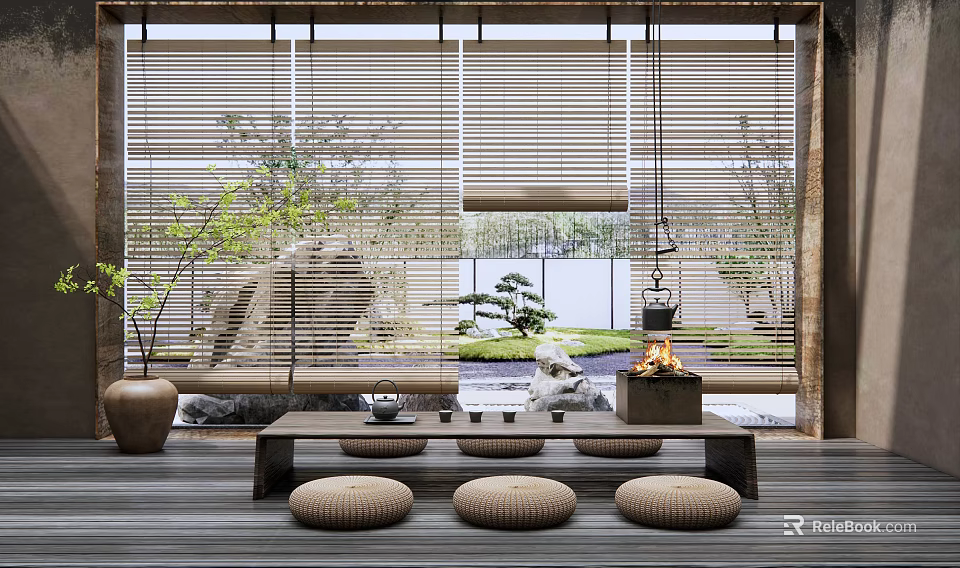 Traditional Tea Room Interior With Bamboo Blinds Wooden Table Cushions And Garden View 3d model 