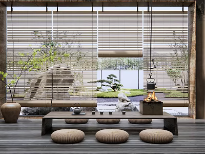Traditional Tea Room Interior With Bamboo Blinds Wooden Table Cushions And Garden View 3d model