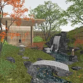 Japanese Courtyard Garden Featuring Waterfall Stone Pathway Red Maple Trees And Bamboo Fence
