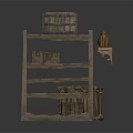 Rustic Wooden Furniture Set With Shelf Crate Baskets Clay Pot Small Bottles And Rope