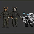 Two Cat Figures Wearing Green Military Uniforms Standing Next To White Motorcycle