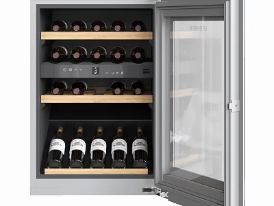 Modern Kitchen Wine Cooler With Glass Door Wooden Shelves And Wine Bottle Storage 3d model