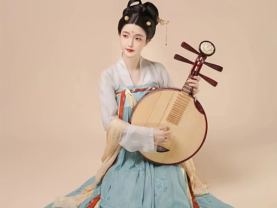 A Woman in Traditional Hanfu Playing Pipa with Ornate Hair Accessories 3d model