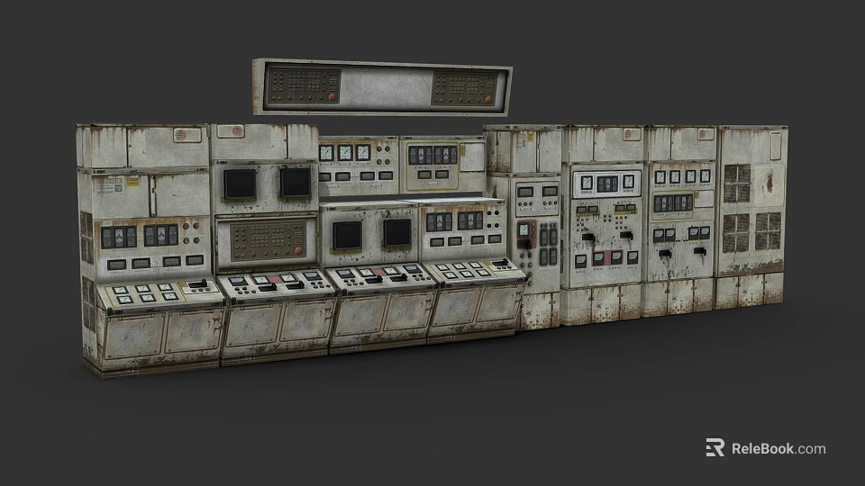 Vintage Industrial Computer Control Panel With Multiple Buttons Screens And Gauges 3d model