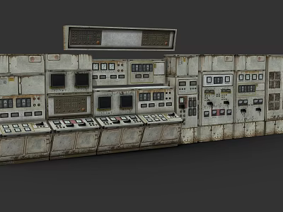 Vintage Industrial Computer Control Panel With Multiple Buttons Screens And Gauges 3d model