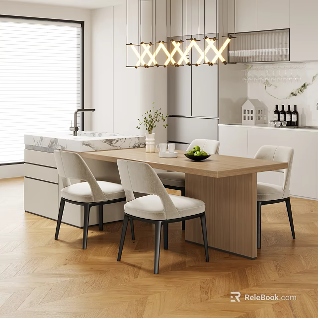 Modern Restaurant Open Kitchen With Marble Countertop Dining Table White Chairs And Pendant Lights 3d model 