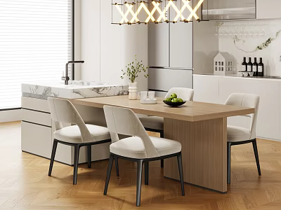 Modern Restaurant Open Kitchen With Marble Countertop Dining Table White Chairs And Pendant Lights 3d model