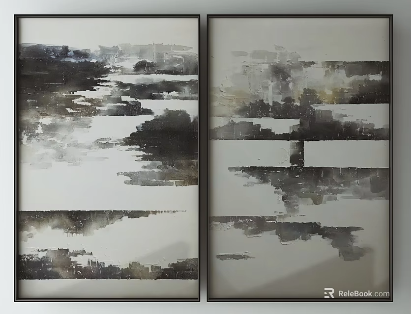 Abstract Decorative Paintings With Black White Gray Tones And Ink Wash Effect In Frames 3d model 