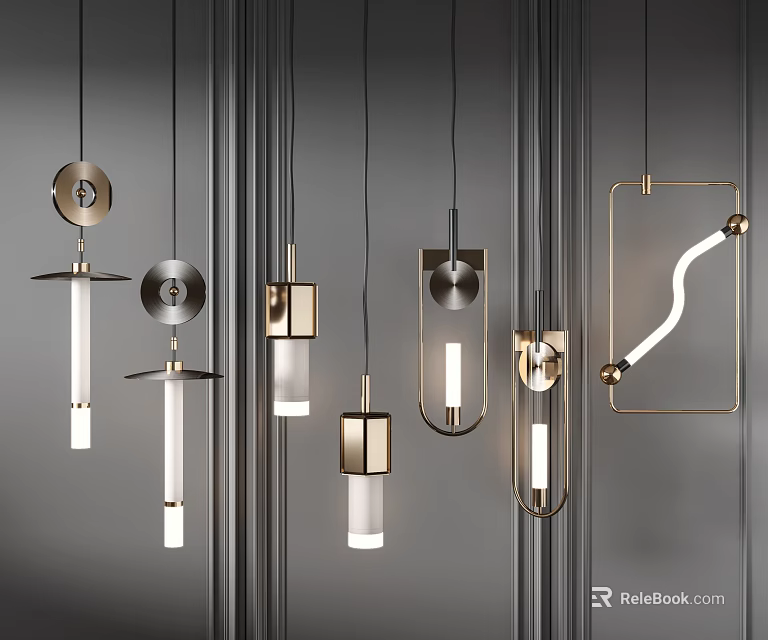 Modern Stylish Pendant Lights With Geometric Metal Frames And Glass Shades 3d model 