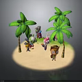 Playful Cartoon Beach Scene With Green Palm Trees And Animal Characters