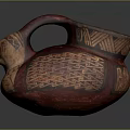 Ancient Ceramic Sculpture Red And Beige With Handle And Geometric Intricate Carved Designs On Surface